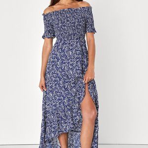 Lulus Fleur-tation Navy Blue Floral Print Off-the-Shoulder Midi Dress